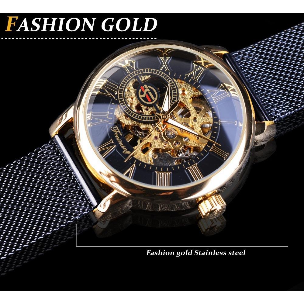 Forsining Watch Men's Fashion Casual Roman Digital Mesh with Hollow Automatic Mechanical Watch GMT1040-8-A