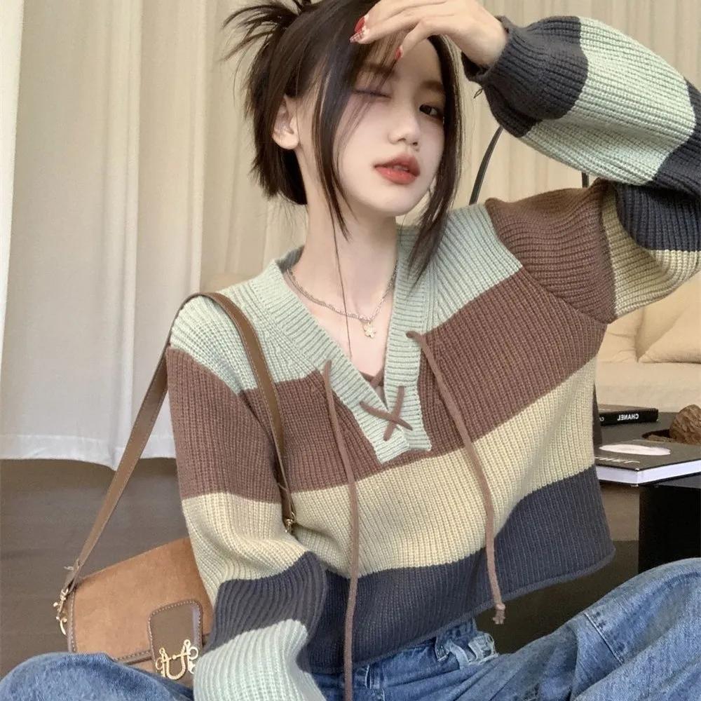 Women S Striped Color Block Lace Up Knit Sweater Short Loose Long Sleeve S зелёный