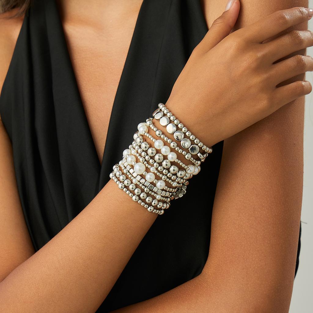 Ingemark 7 Styles Goth Acrylic Imitation Pearl Elastic Chain Bracelets for Women Boho Stacked Strand Beads Bangle Couple Jewelry