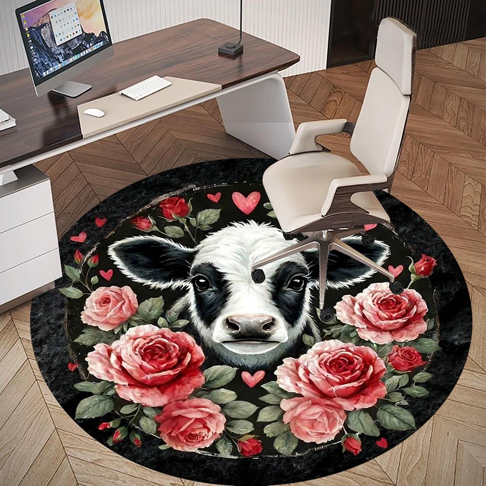 1pc Cow Roses Round Chair mat Area Rug - Non-Slip, Floor Mat for Office, Bedroom, home decor Christmas Gift-1002338