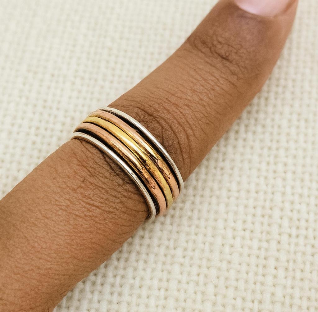 Three Tone Spinner Ring, 925 Sterling Silver, Handmade Minimalist Jewelry, Meditation Ring