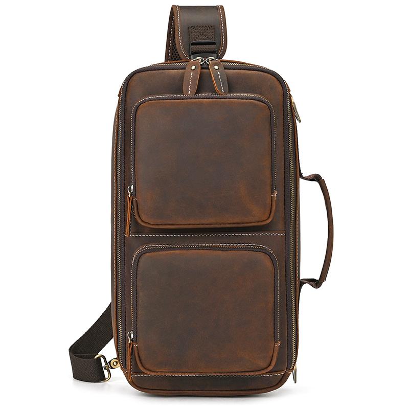 

Big Size Leather Chest Bag Backpack Real Leather Men s Corssbody Bags Single Shoulder Bagpack Man Male Chest Pack With Handle коричневий