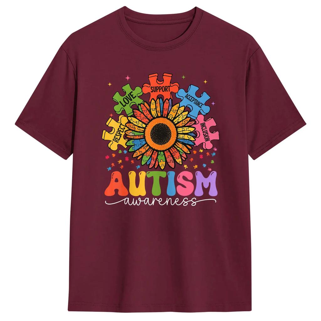Sunflower Puzzle Respect Love Support Autism T Shirt For Couple Summer T Shirts O Neck Fashion Tees Plus Size Wholesale Clothing
