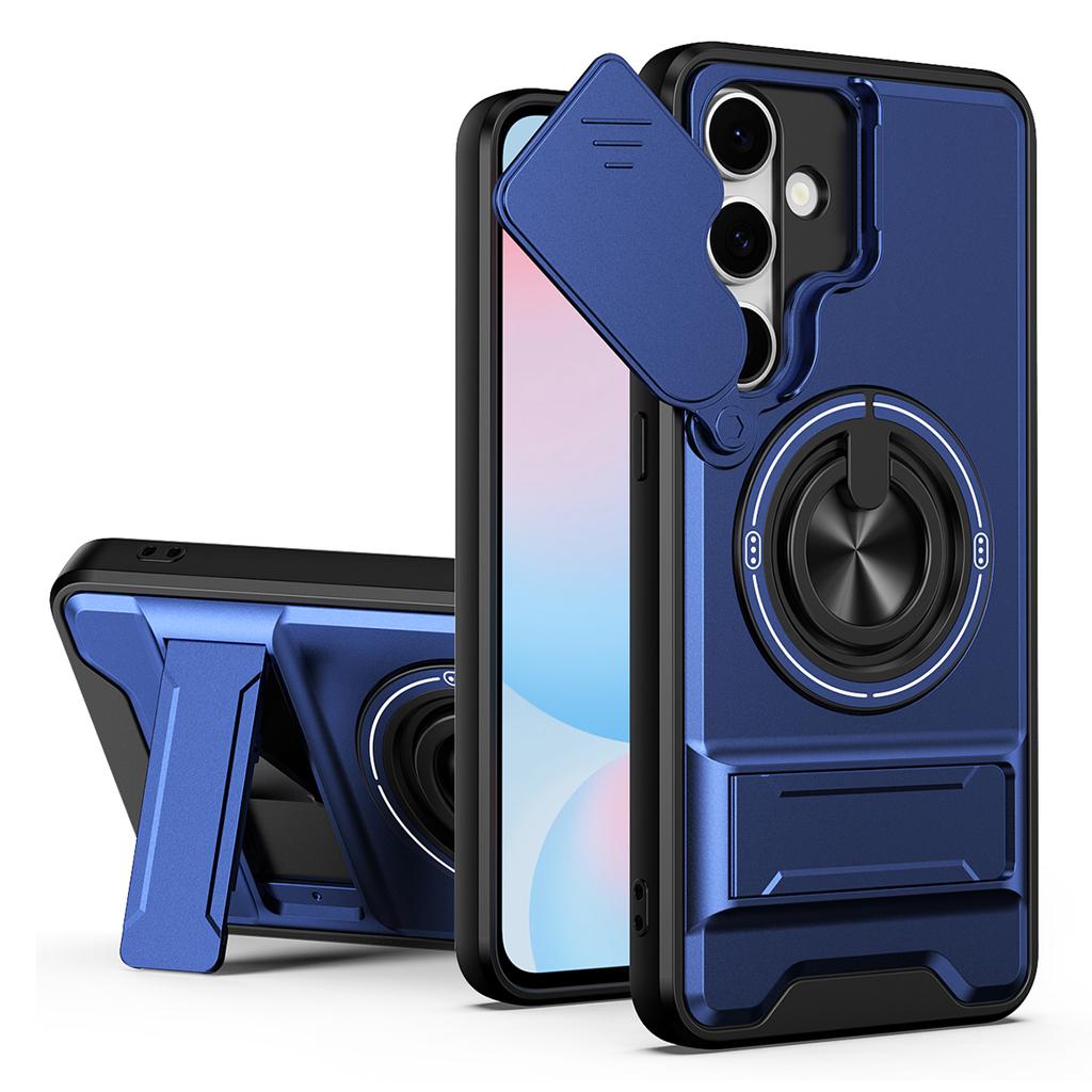 For Samsung Galaxy S24 FE Magnetic Case Ring Holder Foldable Kickstand TPU PC Phone Cover with Camera Lens Slider