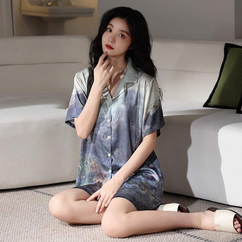 Premium Pajamas Women's Summer Ice Silk Short Sleeves Fat Mm Ice and Snow Silk Simulation Silk Suit New Chinese National Style