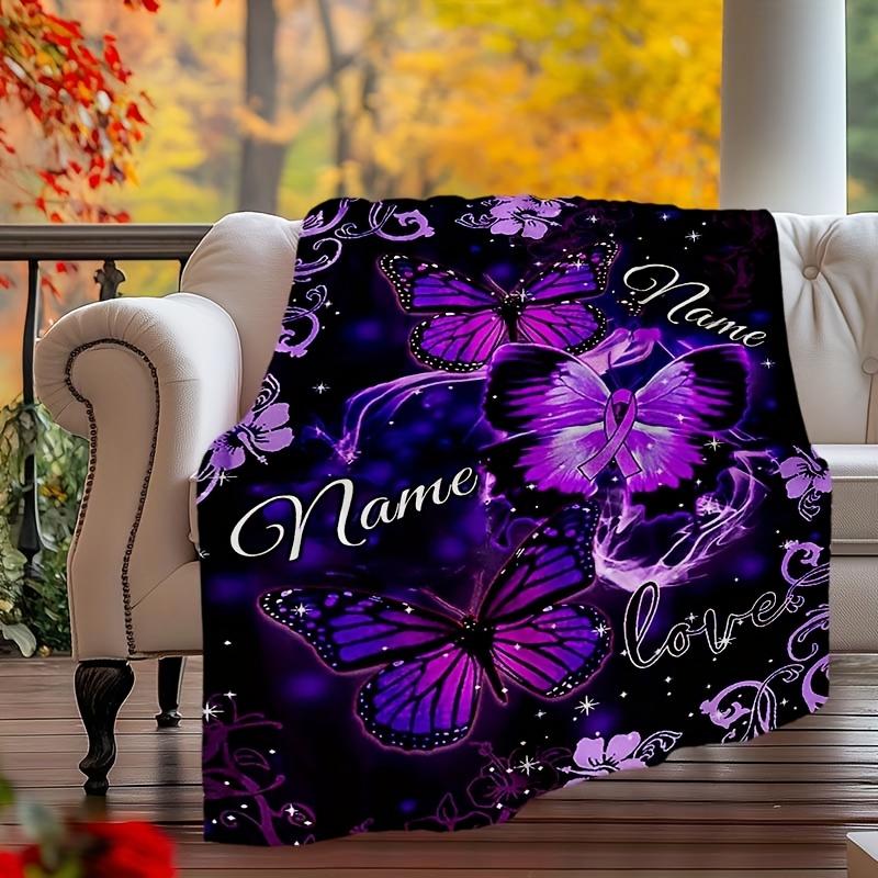 Purple Butterfly Customize Your Name Outdoor Blanket Used For Chair Office Sofa Bed Camping Soft And Warm Giving Friends And Relatives Birthday