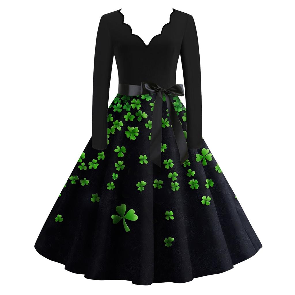 Women's St. Patrick's Day Print V-Neck Slim Fit Long Sleeve Swing Dress
