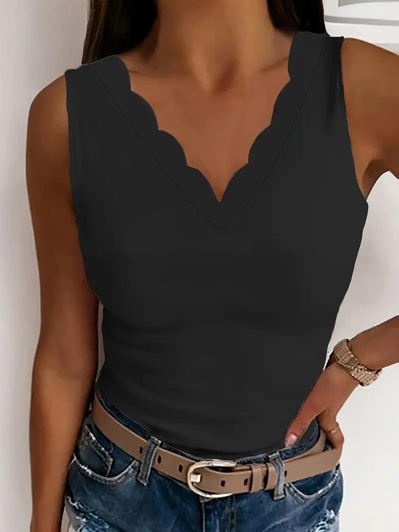 Women s Plus Size Scallop V-Neck Sleeveless Tank Top Casual Summer Camisole XL чёрный