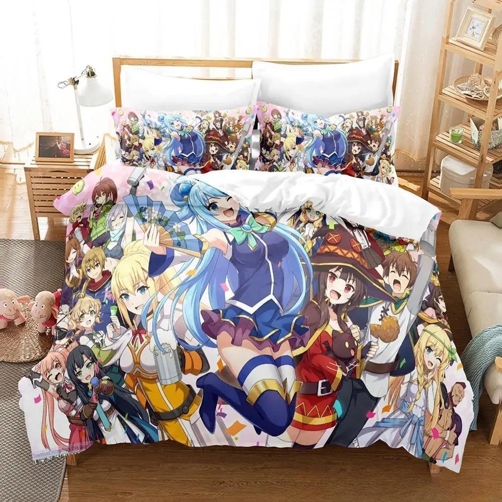 Kawaii KonoSuba Bedding Set 3D Anime Duvet Cover King Size for Adult Kids Bedroom Cartoon Girls