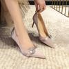 French Rhinestone Buckle with Pointed Tip Thin Heel High Heels Light Luxury High Sense Gorgeous Beautiful Bridesmaid Shoes Mouth Single Shoes Women