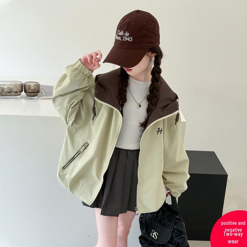 

Девичья двусторонняя куртка-ветровка с капюшоном 2025 - модная повседневная для весны и осени 150cm