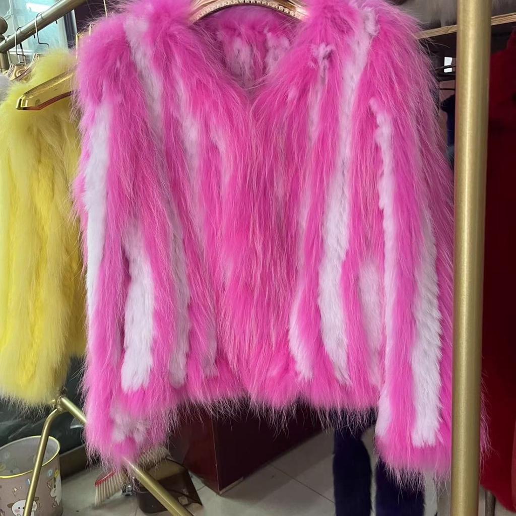 Real Raccoon Fur Woven Coat for Women Short Style Fur Rabbit Fur Long Sleeves Stylish Real Fur Round Neck Coat