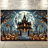 1. A Terrifying Halloween-themed Background Banner - Made of Polyester Fabric Featuring a Full Moon and Bats