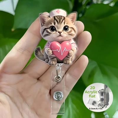 2D Acrylic Hug Heart Cat Retractable Badge Reel Lanyard Nurse Medical Student ID Holder