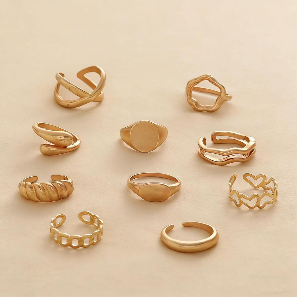 10pcs Set Vintage Hip Hop Geometric Ring Sets for Women Men Female Exaggerated Adjustable Ring Finger Rings Y2K Jewelry Gift