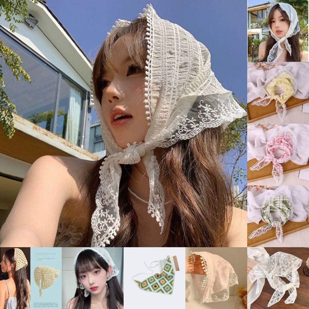 French Pastoral Style Knitting Flower Headband Multicolor Triangular Turban Scarf  Women Girls