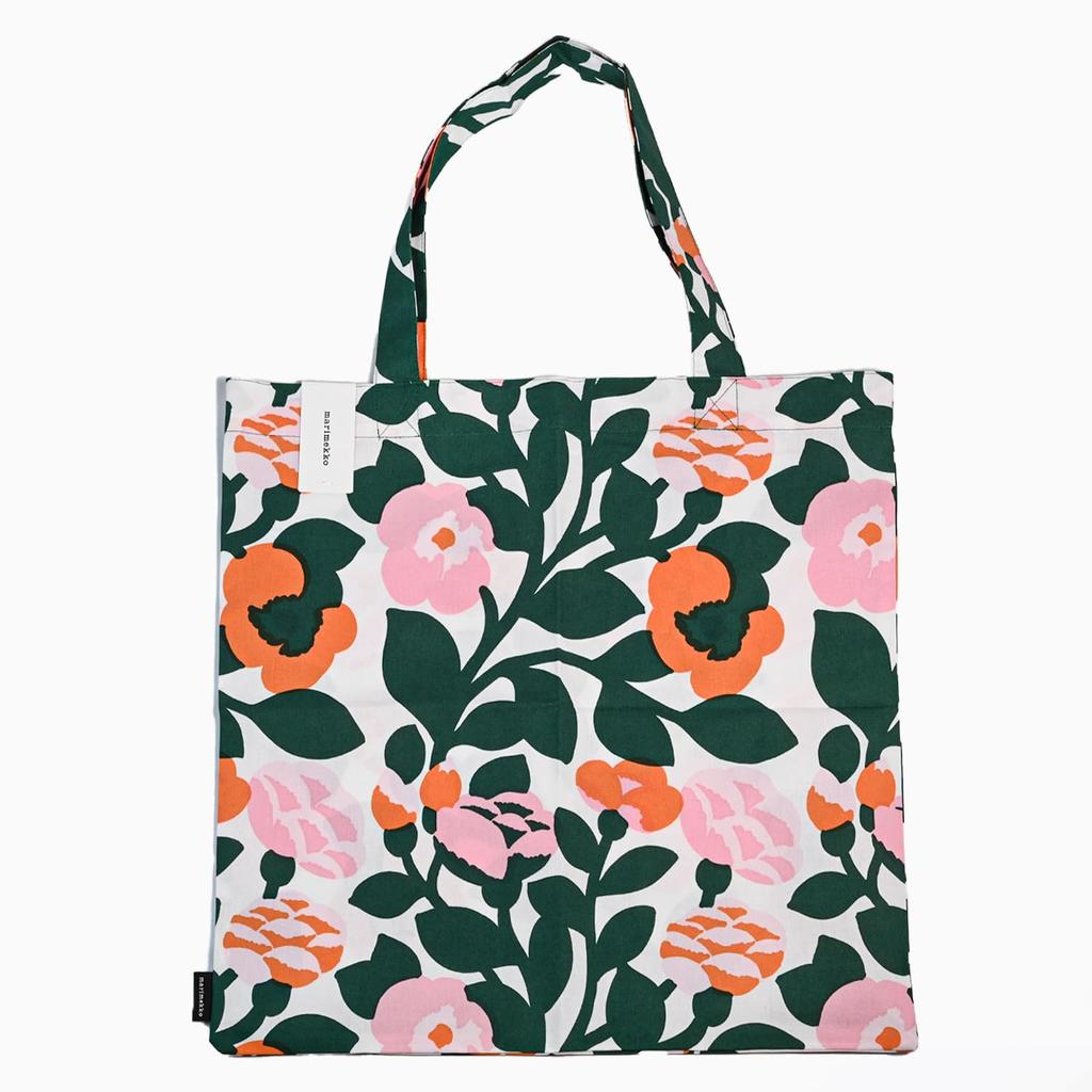Marimekko Pieni Green Green Fabric Bag, 44x43cm (White x Green x Pink x Orange), 073876 163, Pieni Green Green Tote Bag, Scandinavian Floral Print.