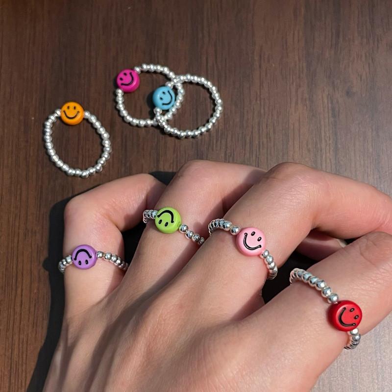 Trendy Korean Colorful Smiley Face Silver Bead Ring For Women Fashion Jewelry