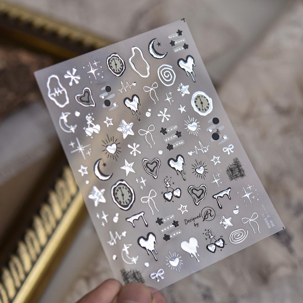 Fashion Silver Metallic Texture Nail Stickers 5D Embossed Stars Bow Love Cat Wings Nail Art Stickers DIY nail decoration