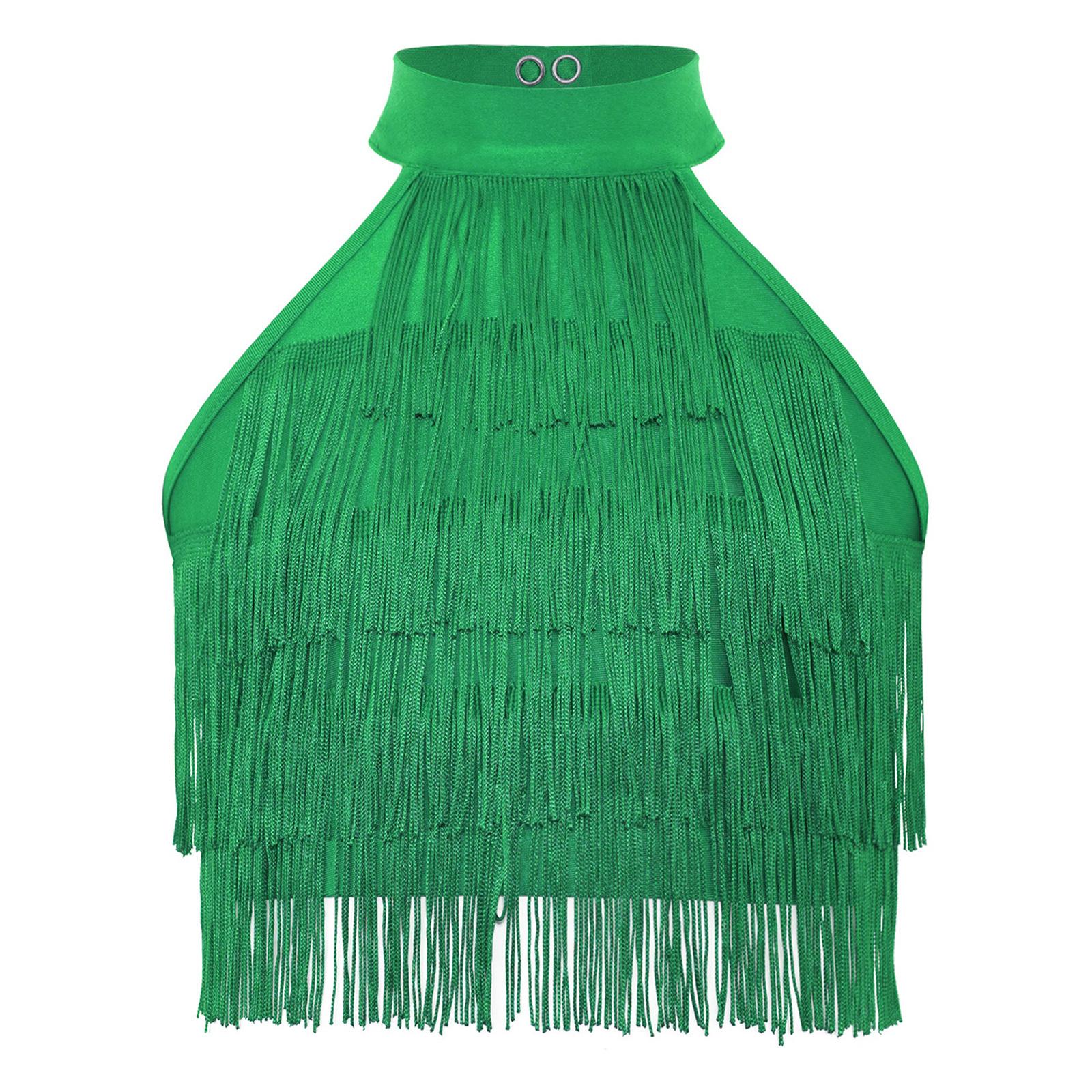 

Girls Salsa Latin Dance Costume Fringe Crop Top Sleeveless Strappy Back Tiered Tassels Vest 5-6 Years зелений