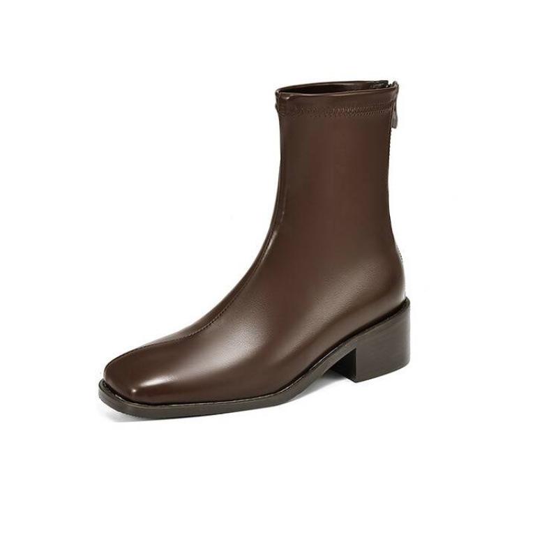 Korean version leather women's boots medium heel large size square head rear zipper knight boots women's autumn and winter solid color square 