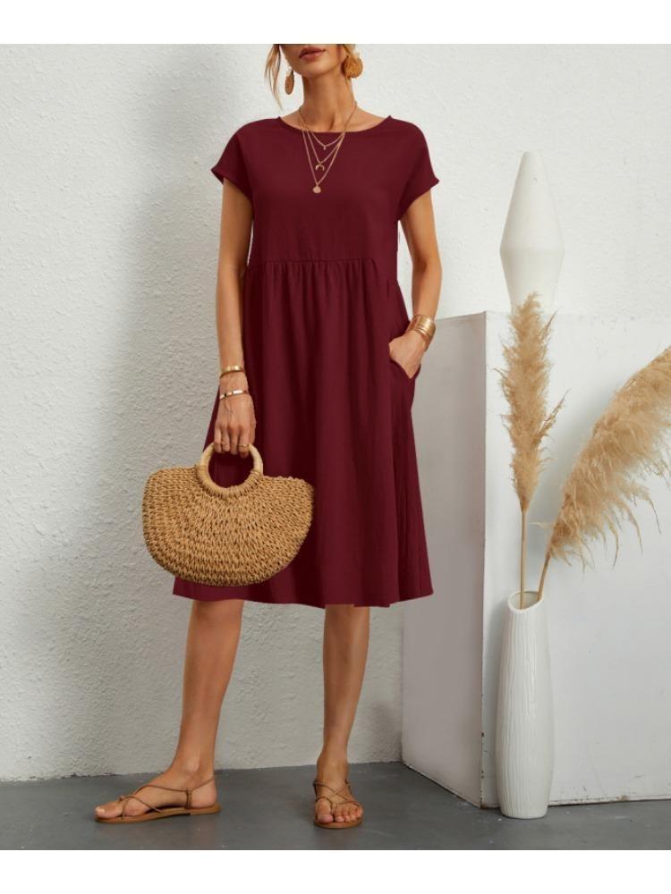 Cotton Linen Women's Plus Size A-line Skirt Round Neck Loose Dress Temperament Style Summer