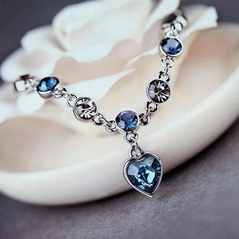 Fashion Heart of Ocean Pendant Bracelets New Shiny Blue Crystal Love  Bracelet for Women Valentine's Day Jewelry Wholesale