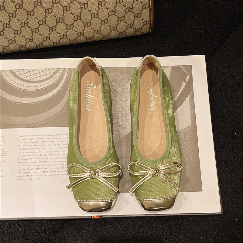 2025 New Color Matching Round Head Retro Bow Single Shoes National Style Light Mouth Soft Sole Ballet Shoes Flat Sole Single Shoes Women