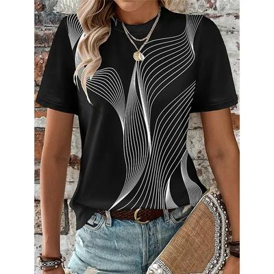 Komik 3D Şerit Baskı T Shirt Kadınlar Için Rahat O-Boyun Kısa Kollu Üst Moda Geometri Desen kadın T-Shirt Kadın Giyim