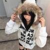 Womens Y2K Zip-Up Hoodie Faux Fur Trim Letter Print Thick Fleece Casual Loose Cardigan