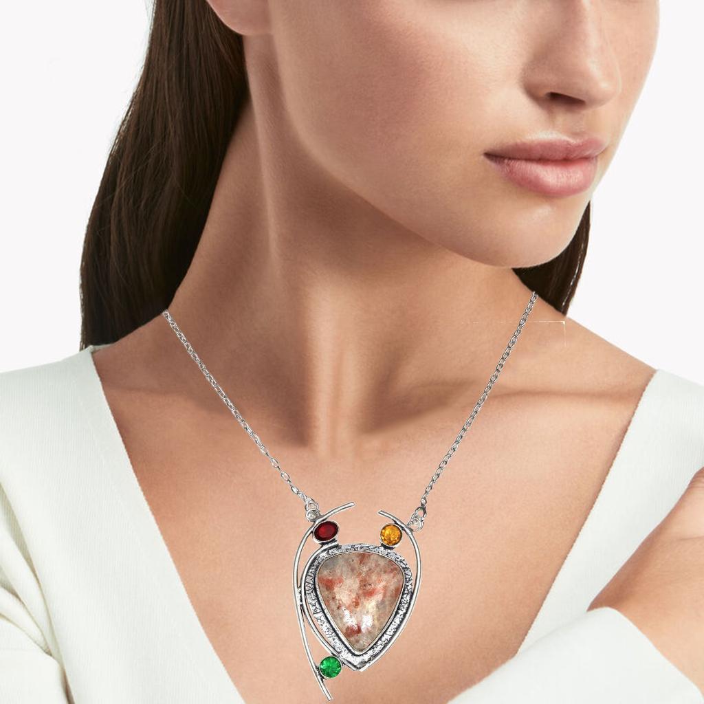 Sunstone Citrine Gemstone Mother's Day Antique Silver Jewelry Necklace 20 In