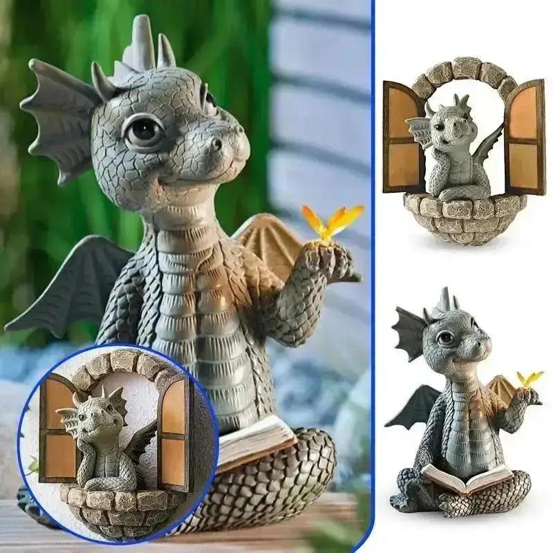 Hot Cute Little Dragon Dinosaur Meditation Reading Book Sculpture Figure Garden Home Decoration Resin Ornament Outdoor Decor