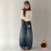 Winter Fleece Jeans Girls Kids Cartoon Denim Pants Warm Casual Trousers