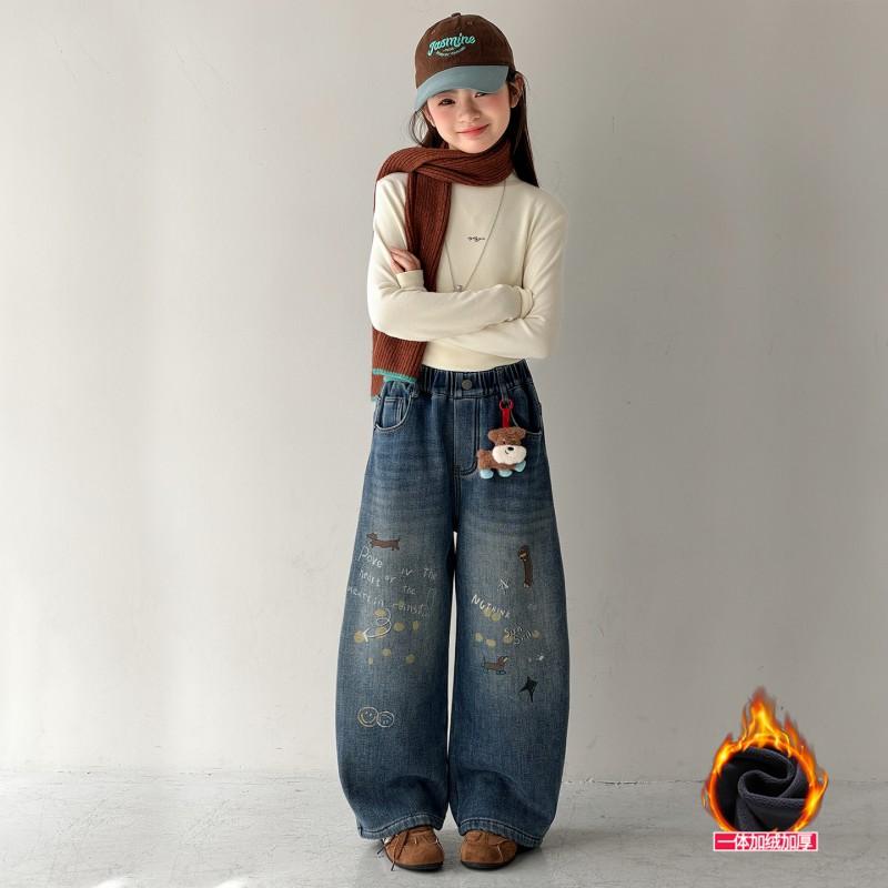 Winter Fleece Jeans Girls Kids Cartoon Denim Pants Warm Casual Trousers