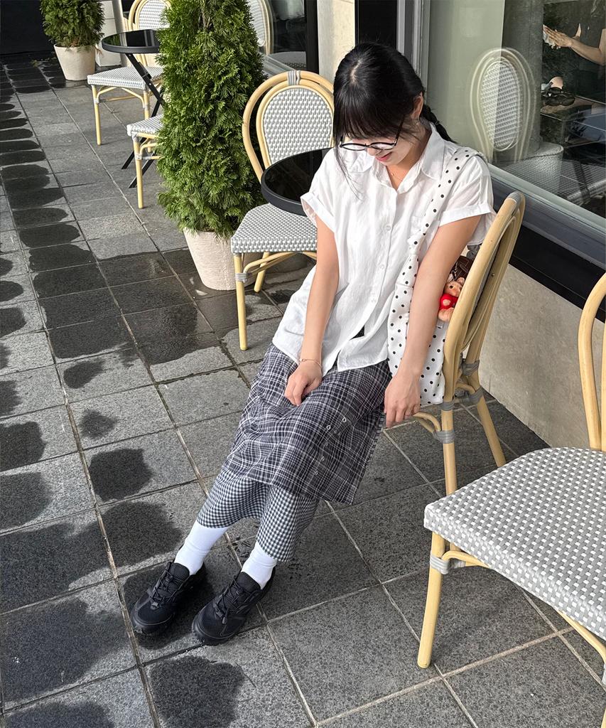 Plasma Sphere Duplex Stud Cross Eyelet Check Layered Long Wrap Skirt_2 Colors