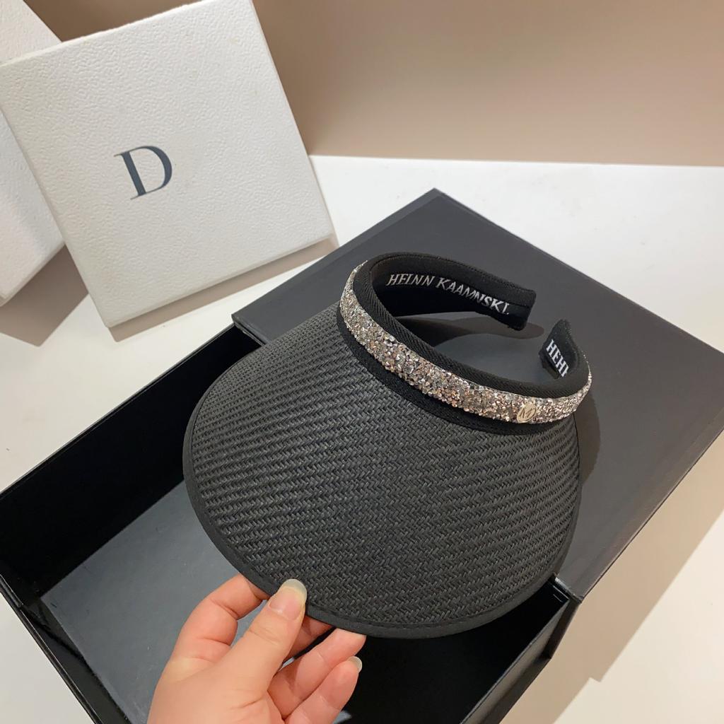 Summer Vinyl Straw Double-layer Sunscreen Empty Top Hat Fashionable and Simple Rhinestone Fine Flash Trendy Sunshade Topless Cap