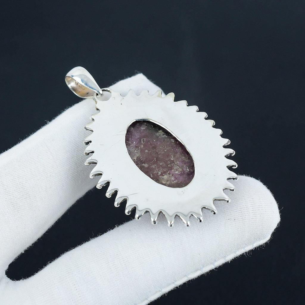 Natural Rhodonite Gemstone Silver Pendant in 925 Sterling Silver - Handmade Oval Design, Everyday Wear Jewelry Thanksgiving Gift
