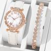 Rhinestones Watch Jewelry Set Heart Shape with Leather Strap Watch Bracelet Set Starfish Dial Digital Scale Quartz Wristwatch