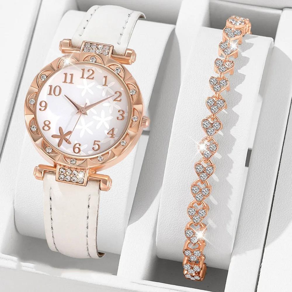 Rhinestones Watch Jewelry Set Heart Shape with Leather Strap Watch Bracelet Set Starfish Dial Digital Scale Quartz Wristwatch