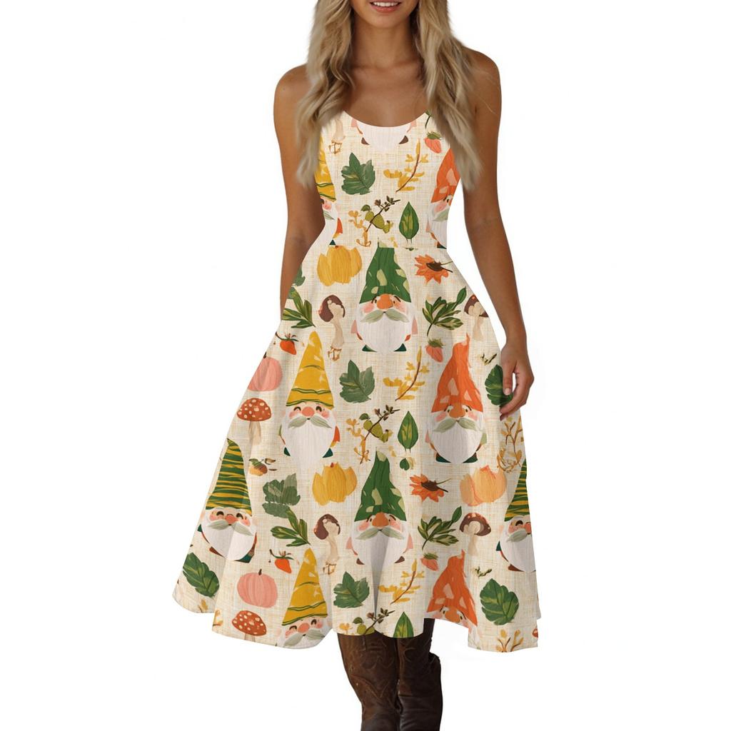 Vestito Sexy Retro a Spalle Scoperte con Stampa Natalizia da Donna per Celebrazione delle Feste