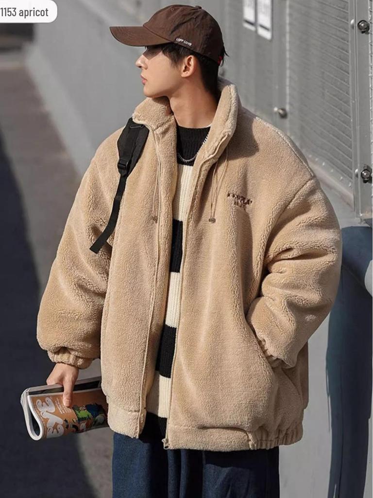 Men's Trendy Fleece Lambswool Stand Collar Jacket - Winter Plus Velvet, Thick Loose Fit, Casual Warm CottonOuterwear