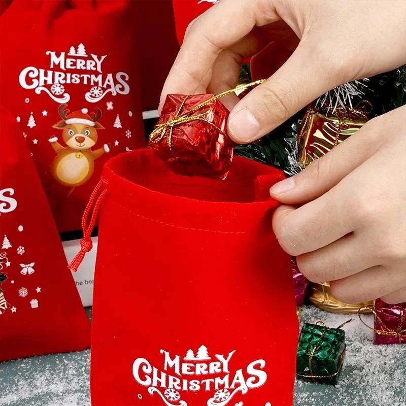 10PCS Drawstring Christmas Velvet Bags Red Gift Packaging Bag Candy Biscuit Pouch Merry Christmas Bracelet Jewelry Storage Bag