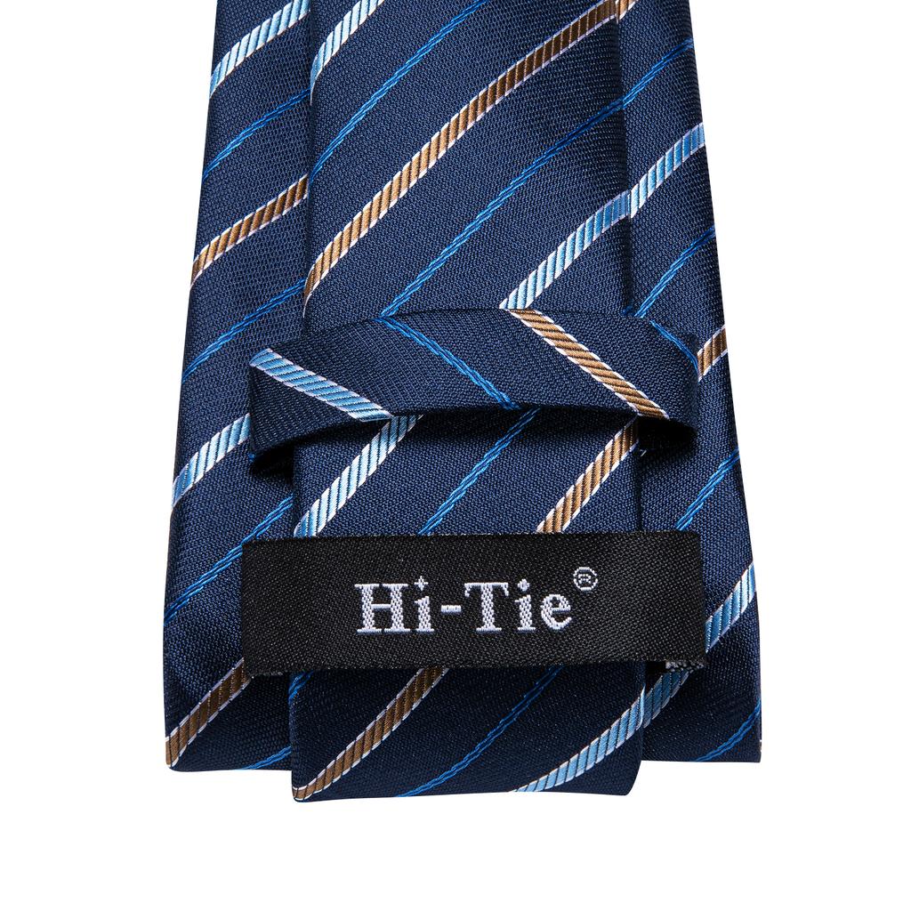 Hi-Tie Set de cravată clasică de cravată de mătase Jacquard cu dungi auriu albastru pentru bărbați
