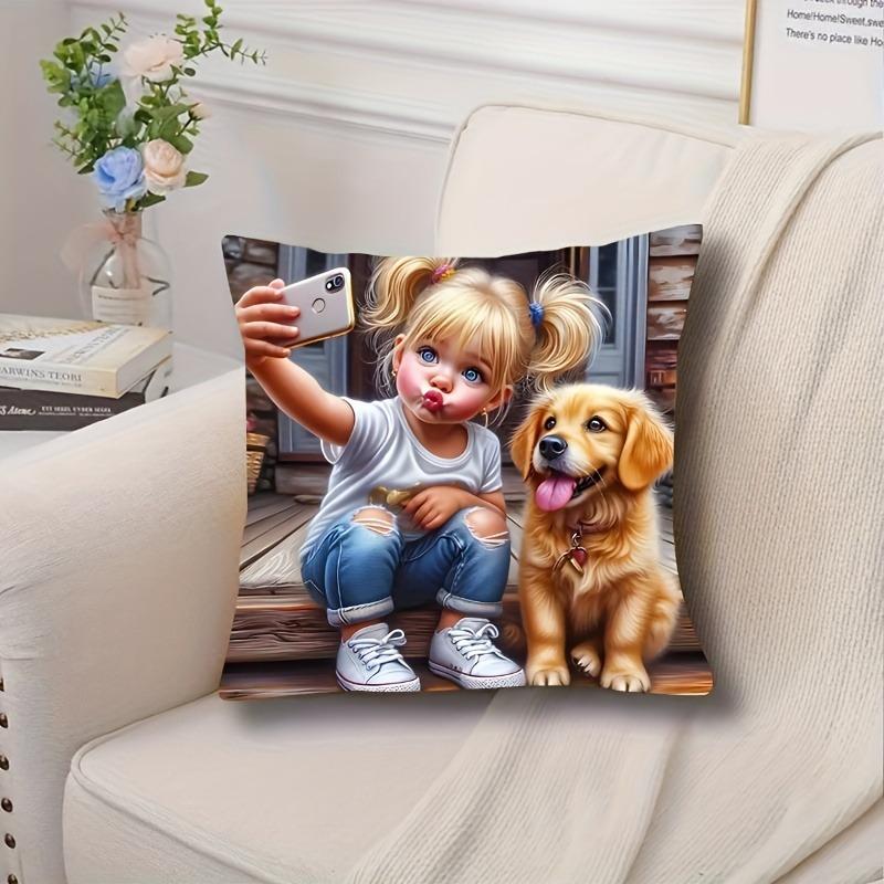 Charming Girl And Dog Printed Pillowcase Decoration Pillow Home Decoration Daily Home Decoration