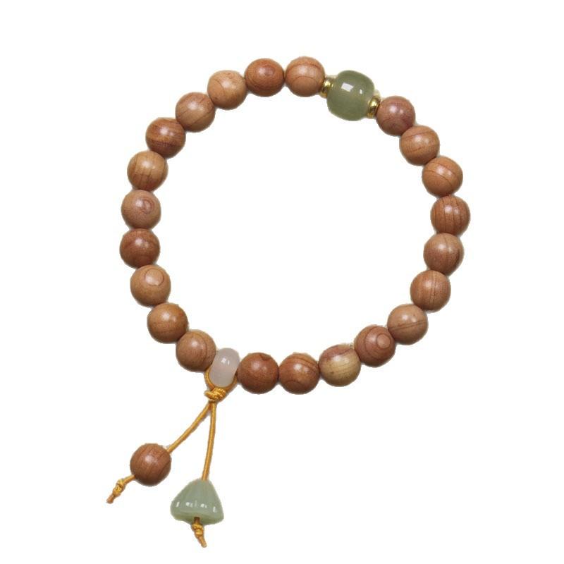 8mm Red Cypress Wood Bracelet with Green Lotus Pendant Women Jewelry