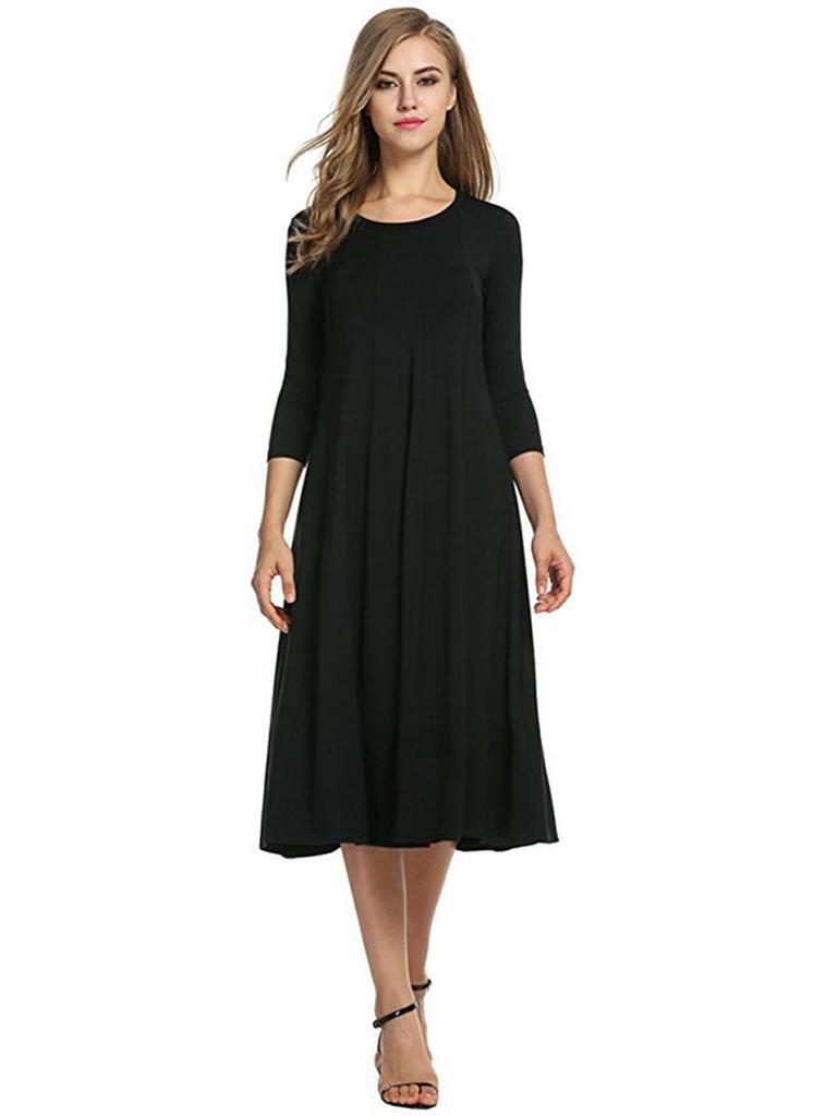 2024 Damen Sommer Mode Rundhals Mittellange Ärmel Einfarbig Großes Schwingkleid