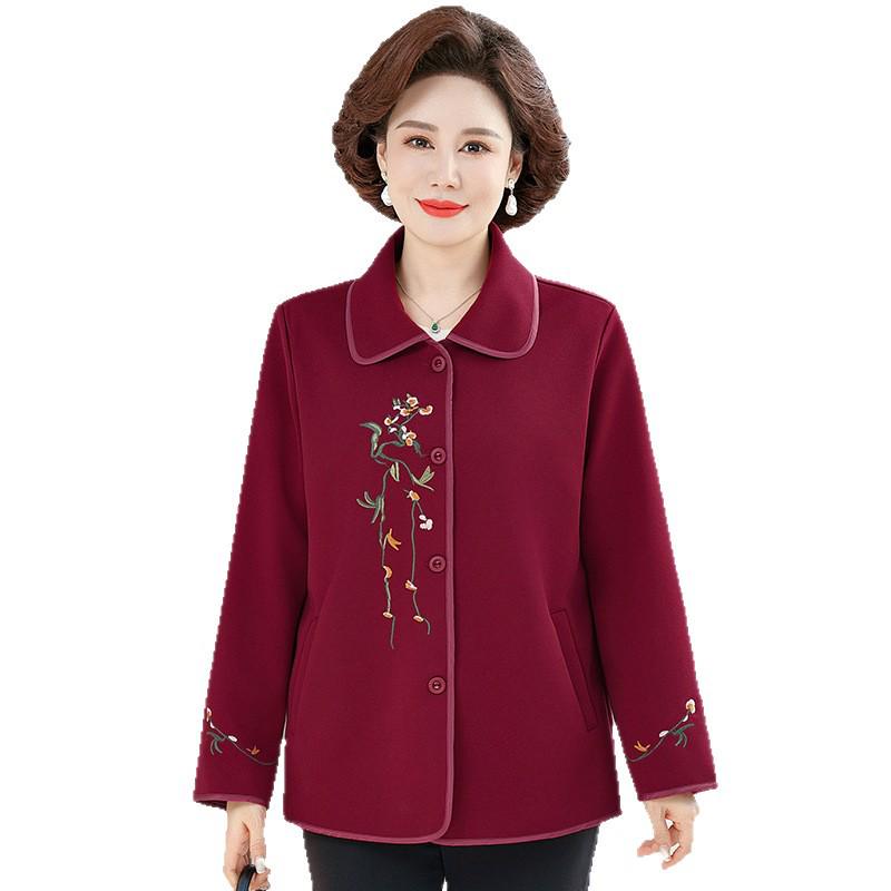 Elegant Embroidered Wool Coat for Middle-aged Women – Short Spring & Autumn Style