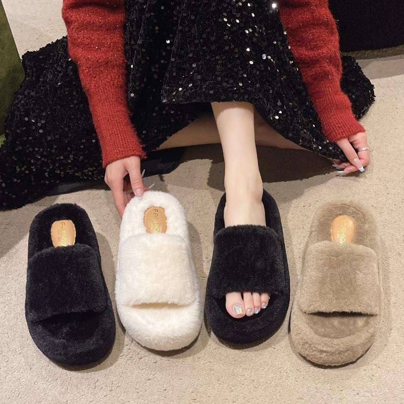 Women wearing fluffy slippers outside, new thick-soled small men in autumn and winter, home-style plush cotton slippers women