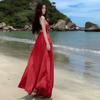 Pure Desire Spice Girl Slanted Shoulders Exposed Waist Atmosphere Vacation Super Fairy Big Swing Romantic Dress Red Dress Feeling