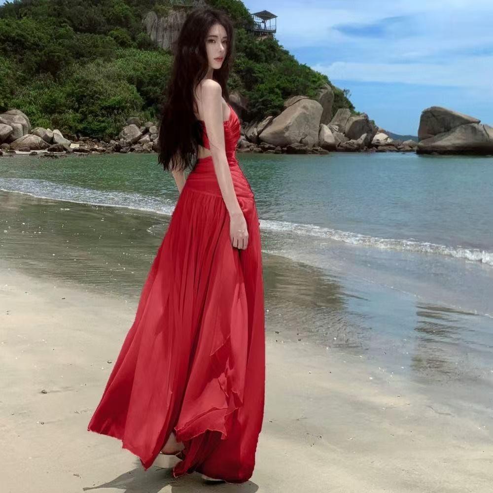 Pure Desire Spice Girl Slanted Shoulders Exposed Waist Atmosphere Vacation Super Fairy Big Swing Romantic Dress Red Dress Feeling
